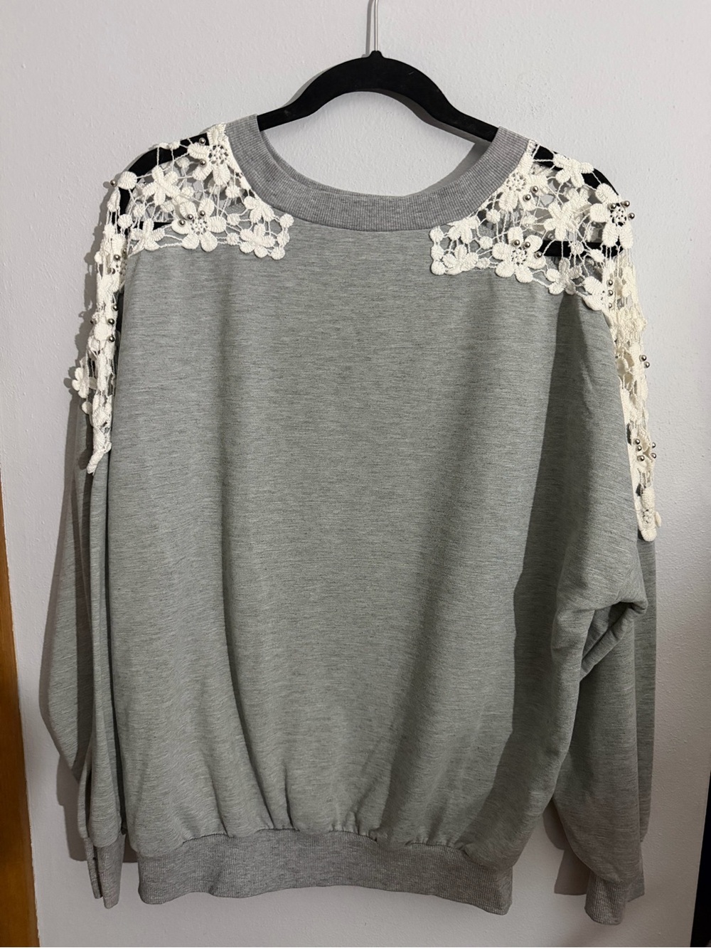 Gray Cowl-Neck Sweater with Ivory Lace Shoulders